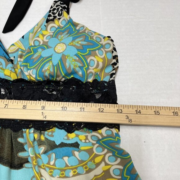 Vintage Y2K Indigo Six Top Womens L Babydoll Lace Trim Halter Mixed Print Jersey - Picture 6 of 7